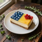 A delicious flag cake topped with creamy cheesecake and fresh berries