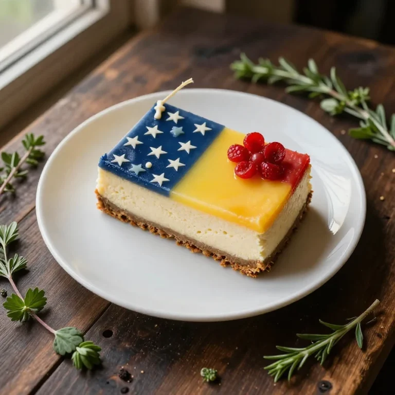 A delicious flag cake topped with creamy cheesecake and fresh berries