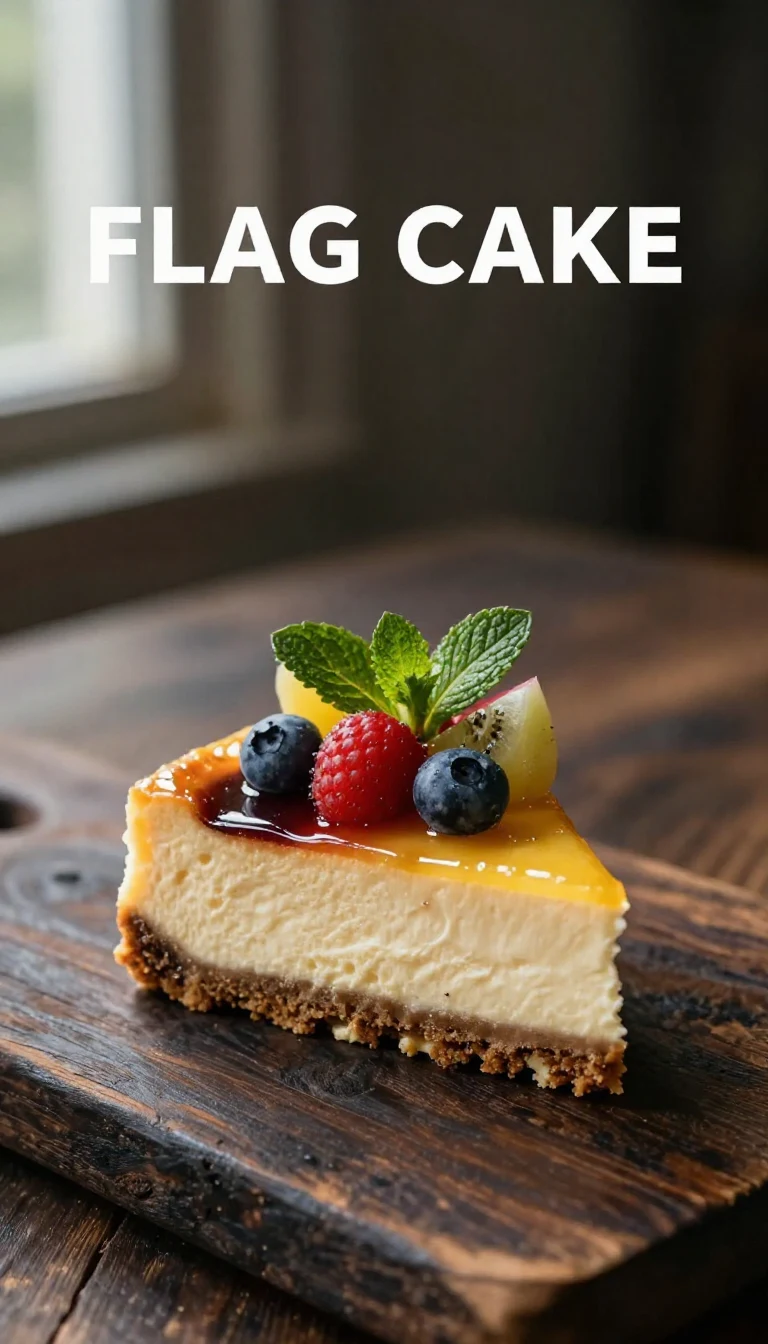 A delicious flag cake topped with creamy cheesecake and fresh berries