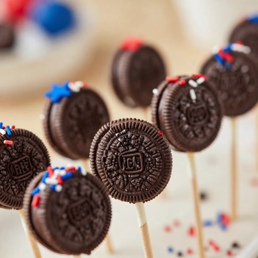 Delicious patriotic Oreo pops decorated with red, white, and blue sprinkles for the 4th of July celebration