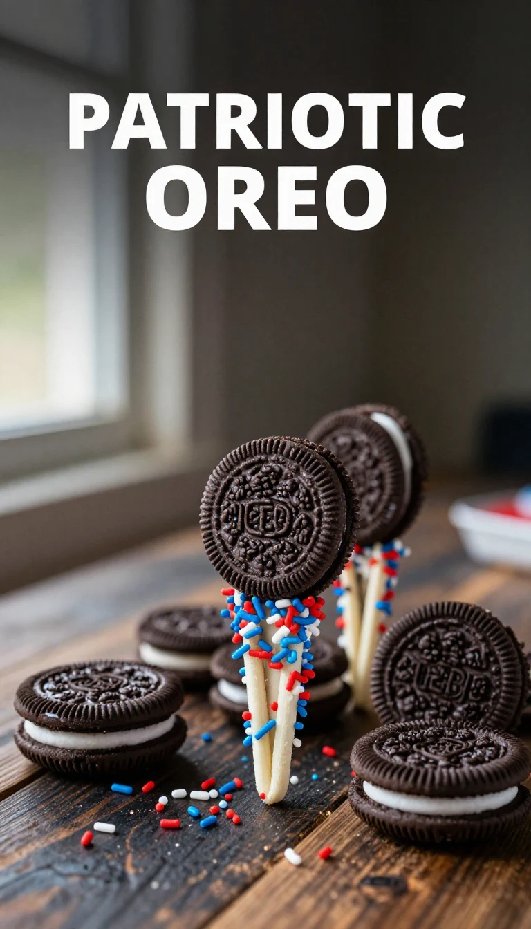 Delicious patriotic Oreo pops decorated with red, white, and blue sprinkles for the 4th of July celebration