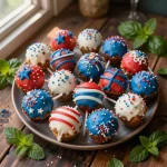 A colorful display of patriotic cake pops decorated with red, white, and blue icing and star-shaped sprinkles.