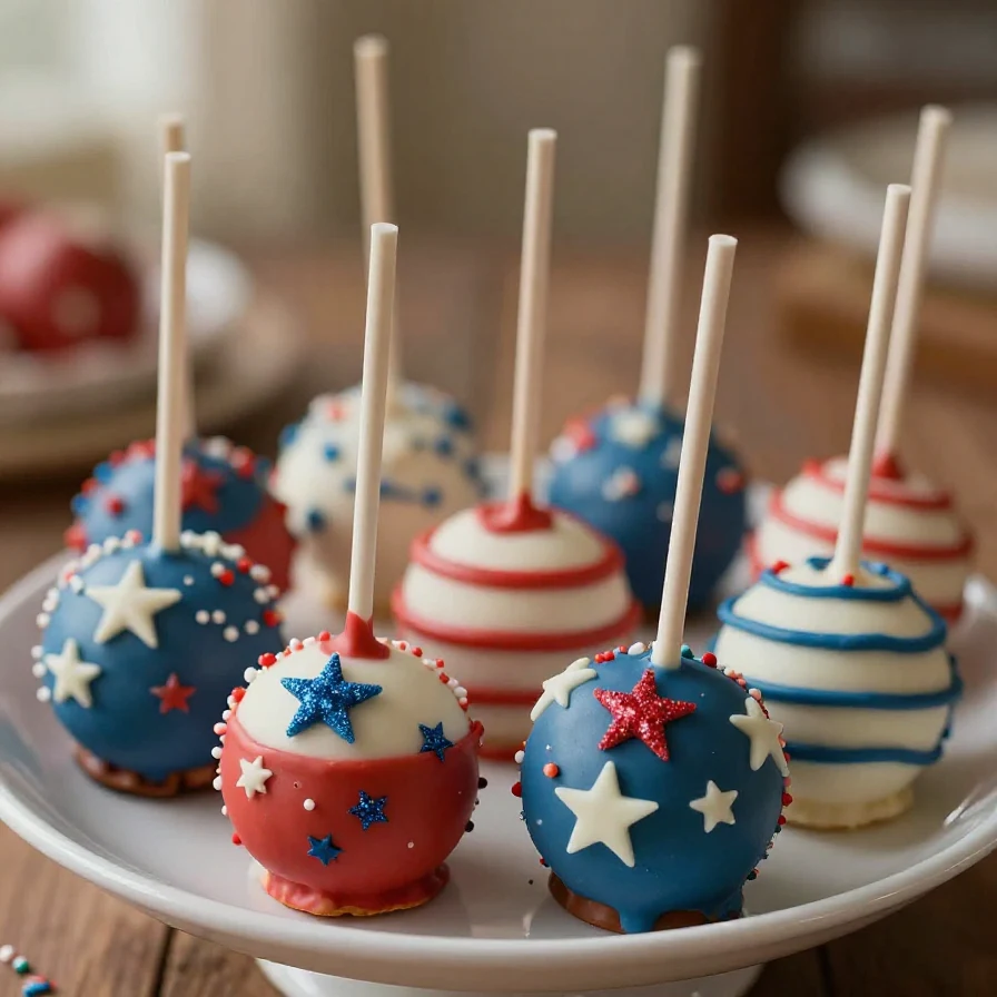 A colorful display of patriotic cake pops decorated with red, white, and blue icing and star-shaped sprinkles.