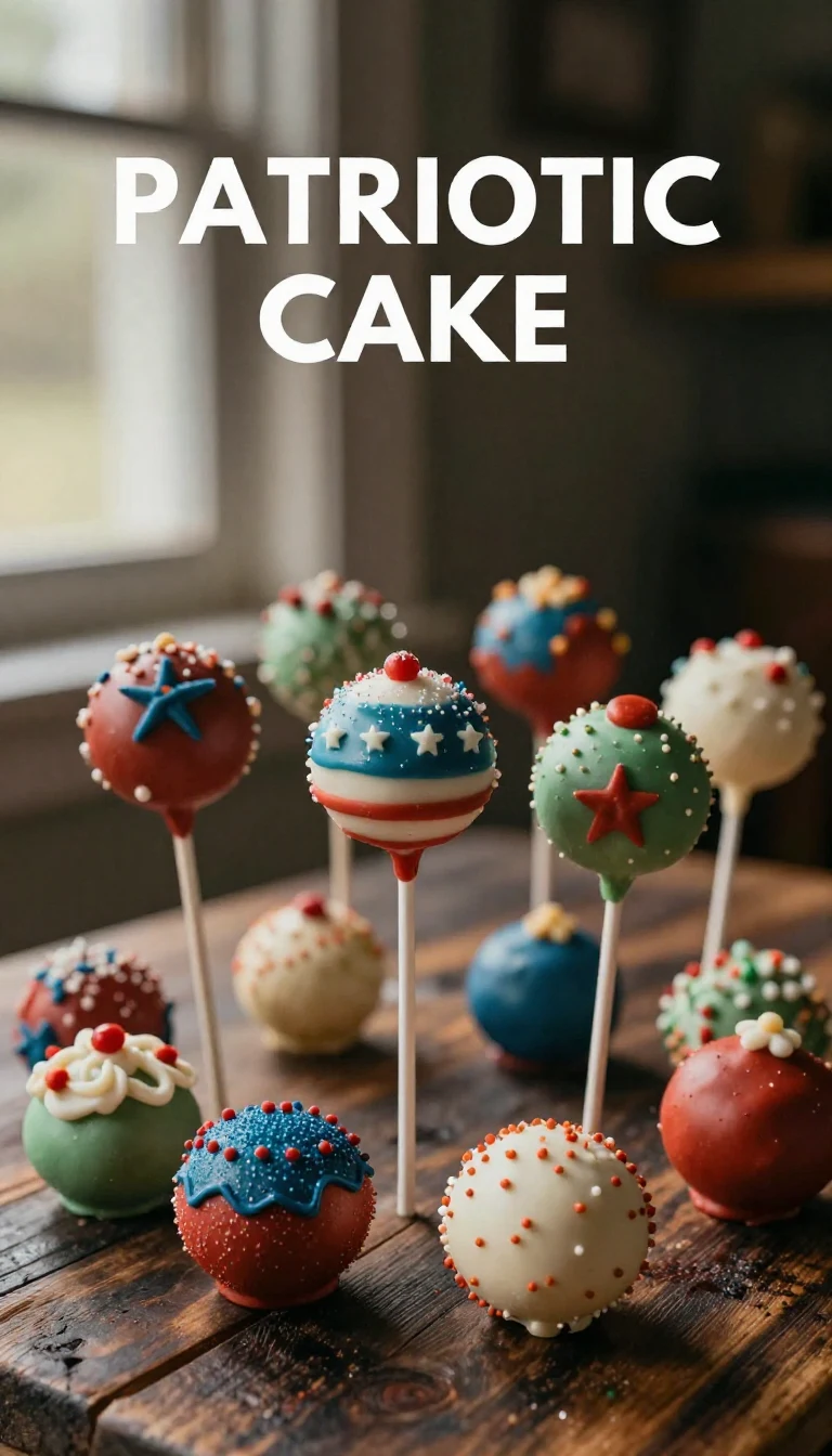 A colorful display of patriotic cake pops decorated with red, white, and blue icing and star-shaped sprinkles.