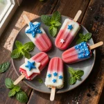 A festive display of 4th of July star-shaped cakesicles decorated with red, white, and blue icing.