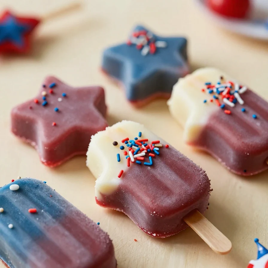 A festive display of 4th of July star-shaped cakesicles decorated with red, white, and blue icing.