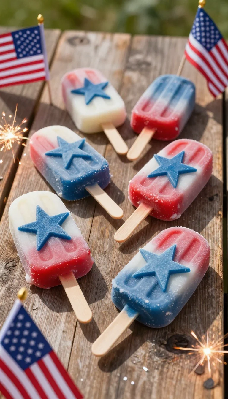 A festive display of 4th of July star-shaped cakesicles decorated with red, white, and blue icing.