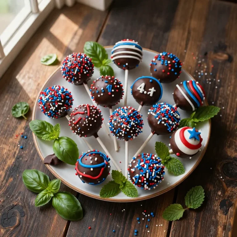 Colorful Fourth of July cake pops decorated with red, white, and blue sprinkles