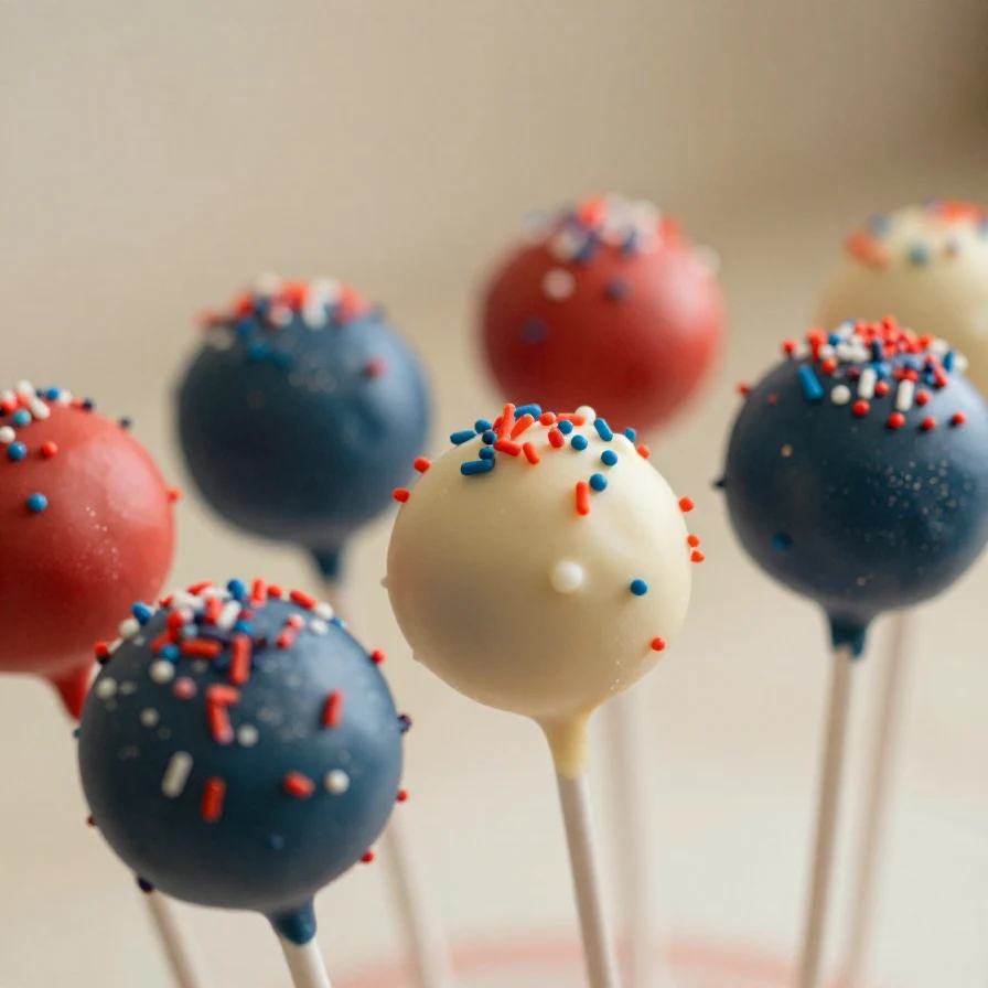 Colorful Fourth of July cake pops decorated with red, white, and blue sprinkles
