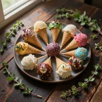 A colorful display of ice cream cone cake pops arranged on a decorative stand