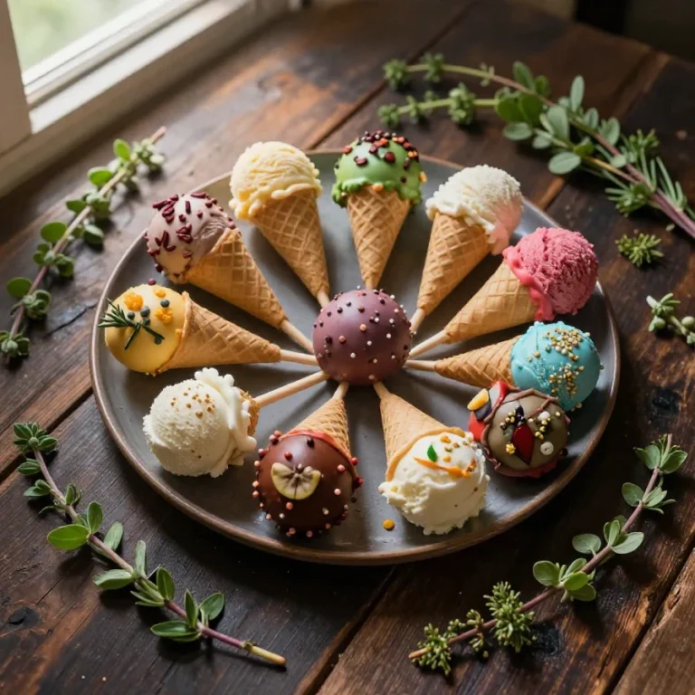 A colorful display of ice cream cone cake pops arranged on a decorative stand