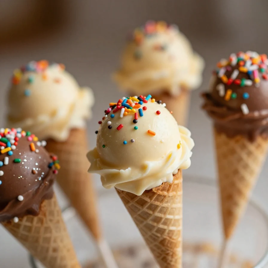 A colorful display of ice cream cone cake pops arranged on a decorative stand