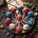 A close-up of festive red, white, and blue cake pops decorated for a celebration.