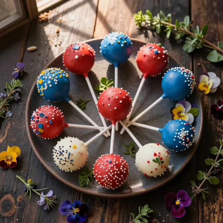 A close-up of festive red, white, and blue cake pops decorated for a celebration.
