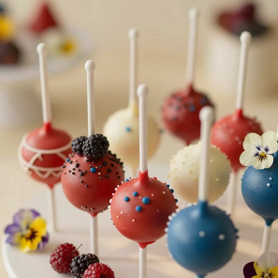 A close-up of festive red, white, and blue cake pops decorated for a celebration.