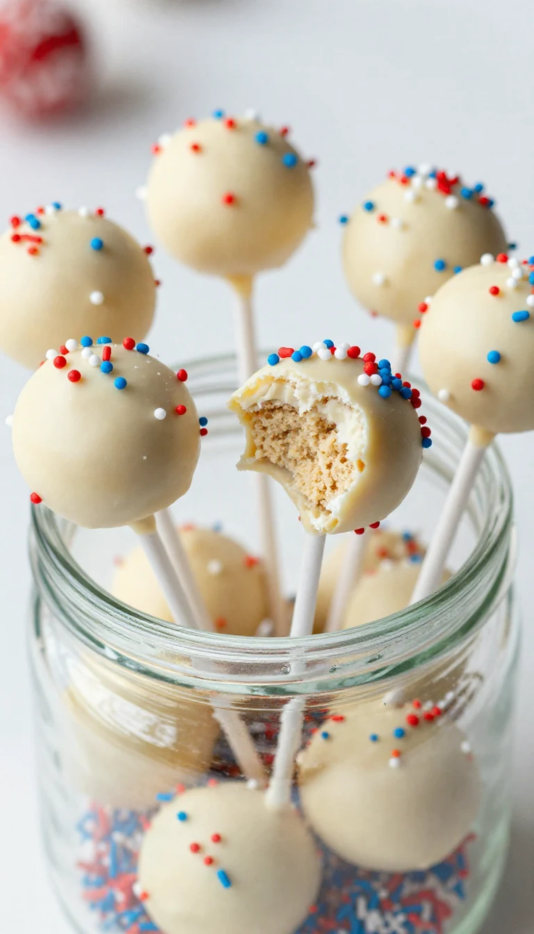 A close-up of festive red, white, and blue cake pops decorated for a celebration.