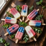 A festive display of July 4th cakesicles decorated with red, white, and blue icing and sprinkles
