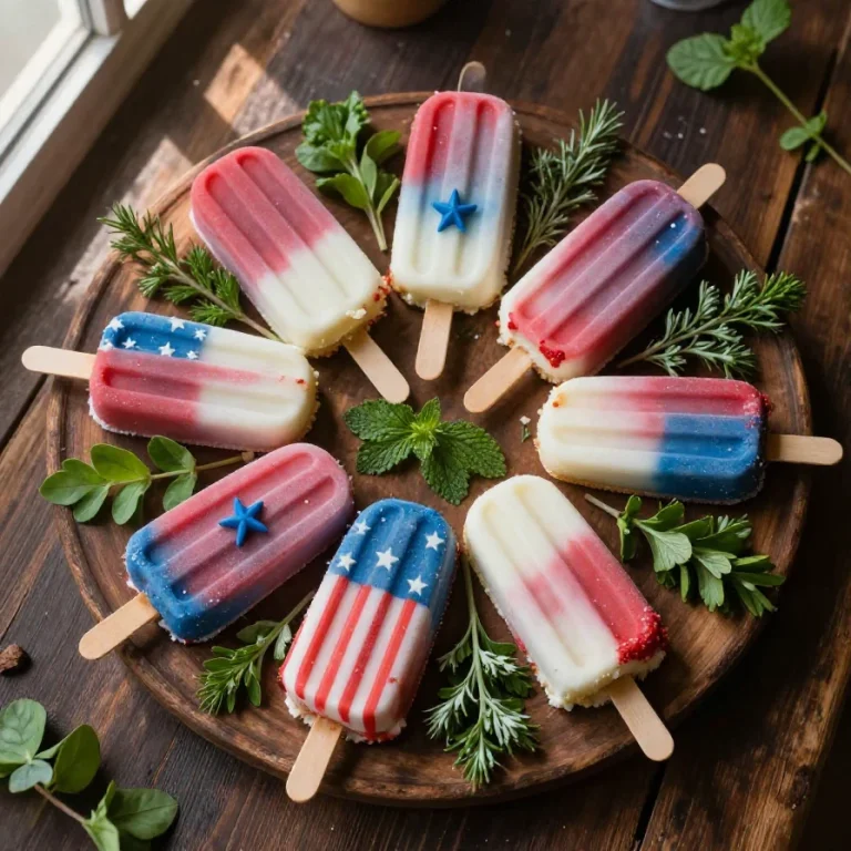 A festive display of July 4th cakesicles decorated with red, white, and blue icing and sprinkles