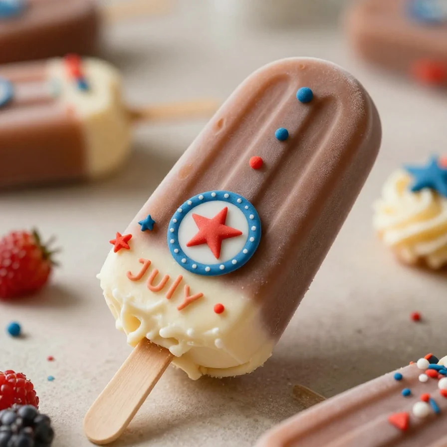 A festive display of July 4th cakesicles decorated with red, white, and blue icing and sprinkles