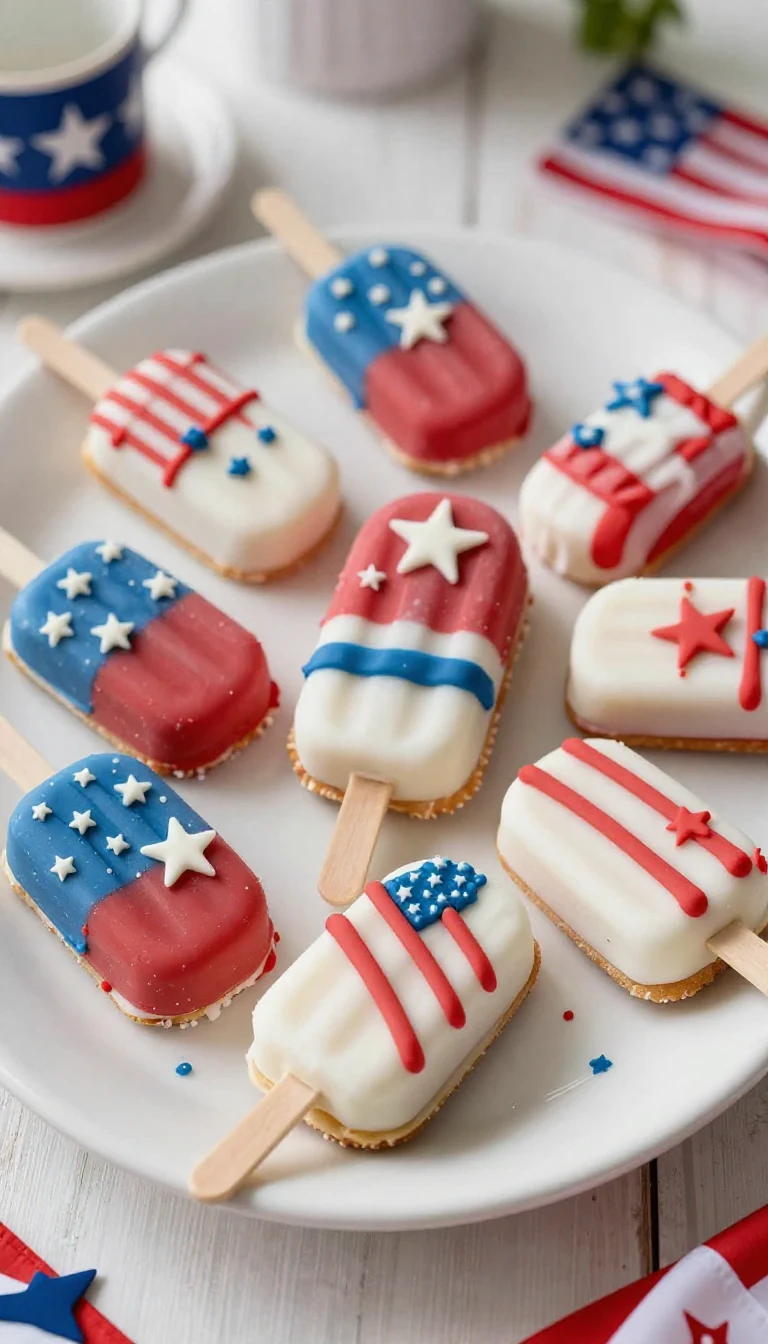 A festive display of July 4th cakesicles decorated with red, white, and blue icing and sprinkles