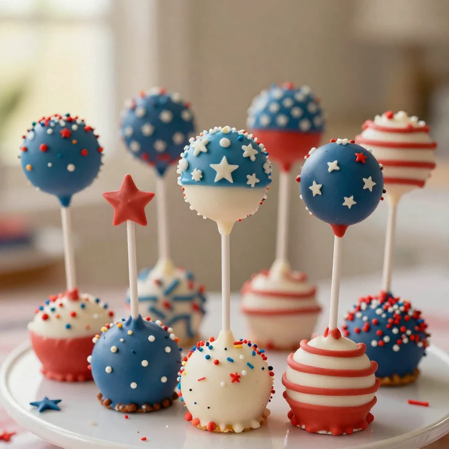 A colorful display of six 4th of July cake pops decorated with red, white, and blue icing and sprinkles.