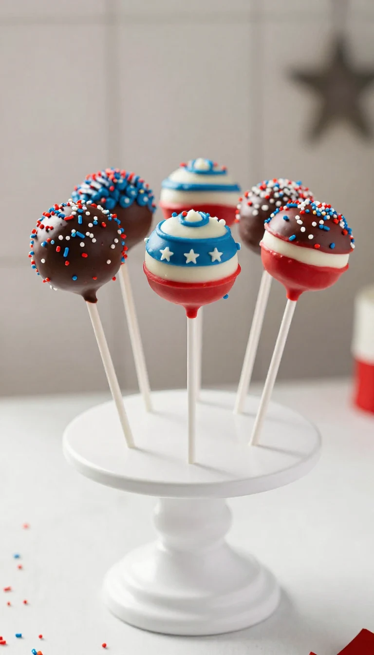 A colorful display of six 4th of July cake pops decorated with red, white, and blue icing and sprinkles.