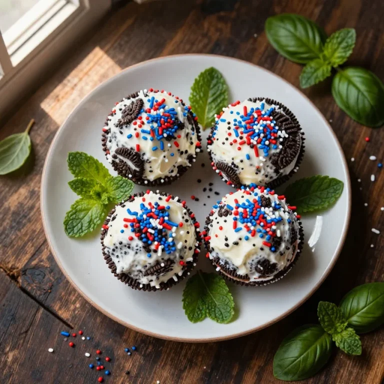 Delicious 4th of July Oreo cream cheese balls decorated with red, white, and blue sprinkles