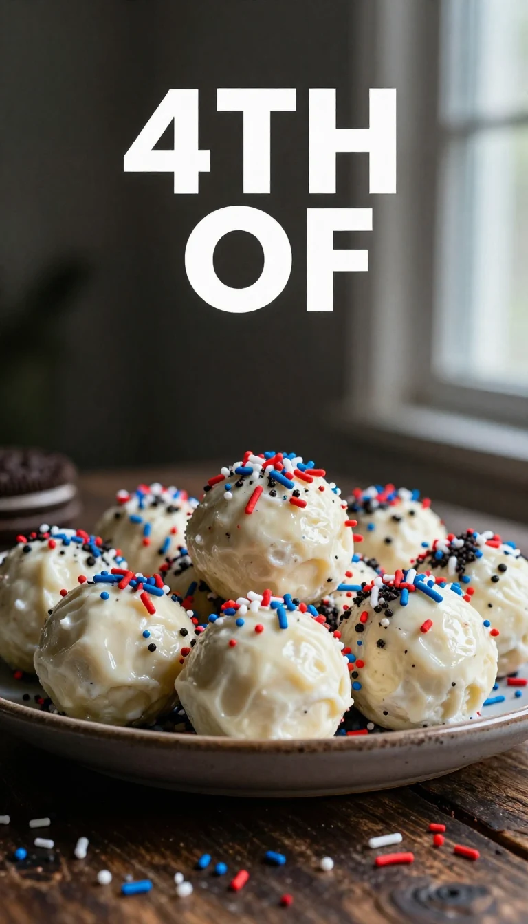 Delicious 4th of July Oreo cream cheese balls decorated with red, white, and blue sprinkles