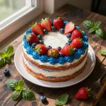 A colorful patriotic poke cake decorated with red, white, and blue frosting and berries