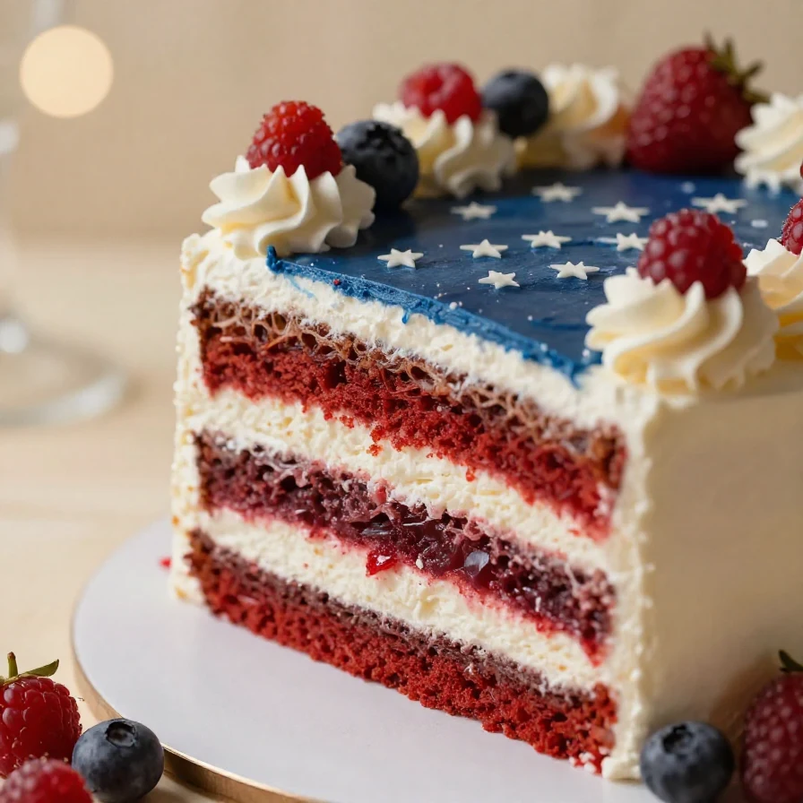 A colorful patriotic poke cake decorated with red, white, and blue frosting and berries