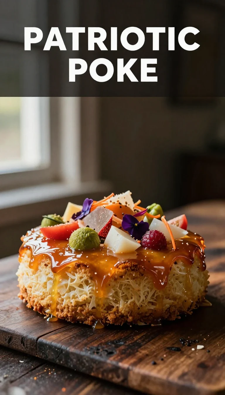 A colorful patriotic poke cake decorated with red, white, and blue frosting and berries