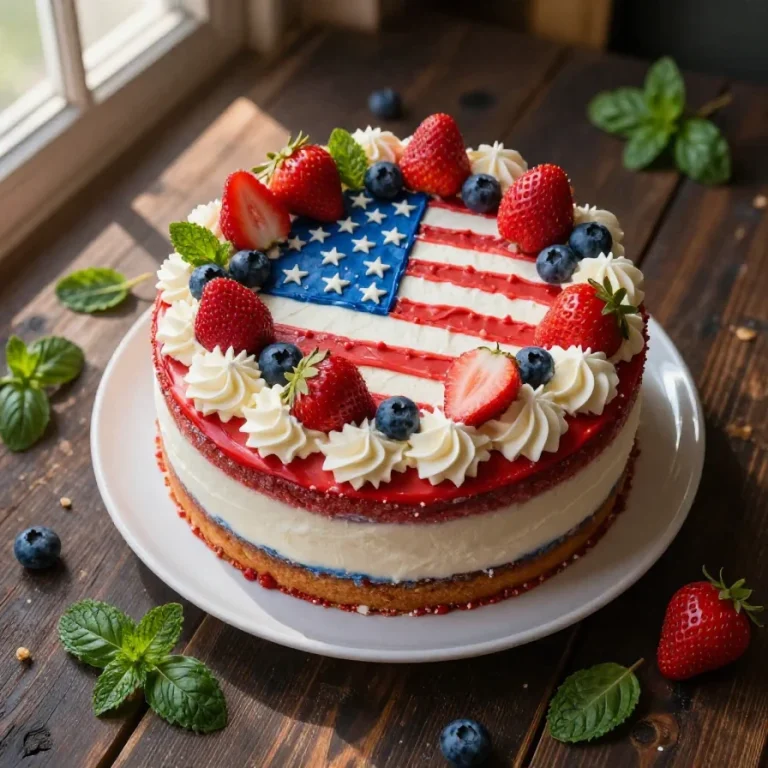 A festive 4th of July flag cake decorated with strawberries and blueberries