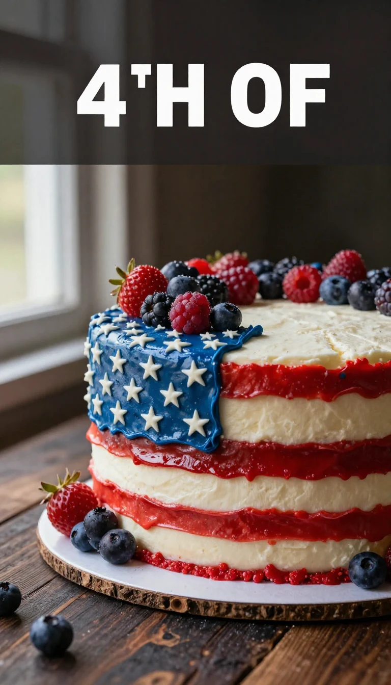 A festive 4th of July flag cake decorated with strawberries and blueberries