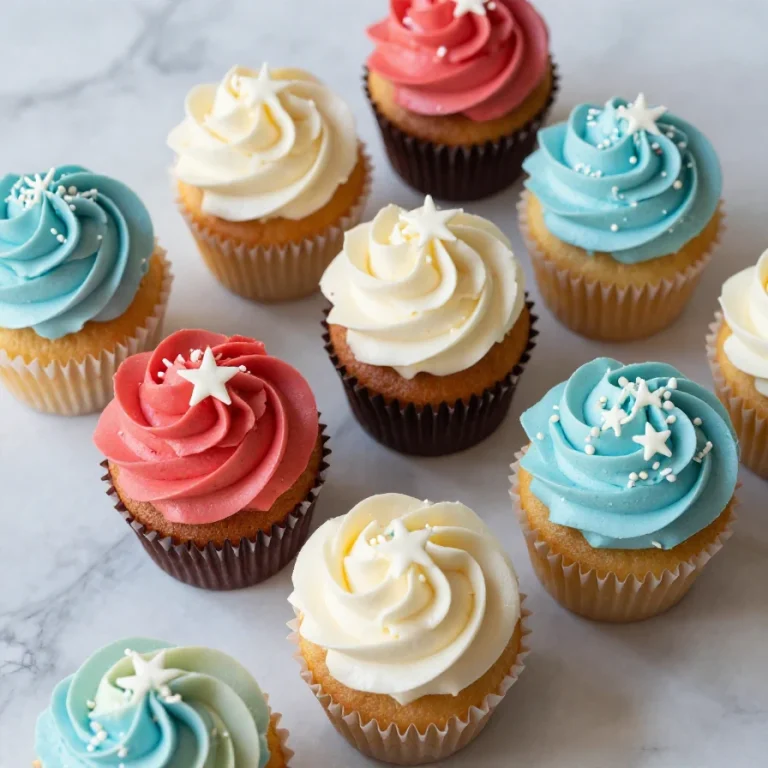 A colorful flag cupcake decorated with red, white, and blue frosting