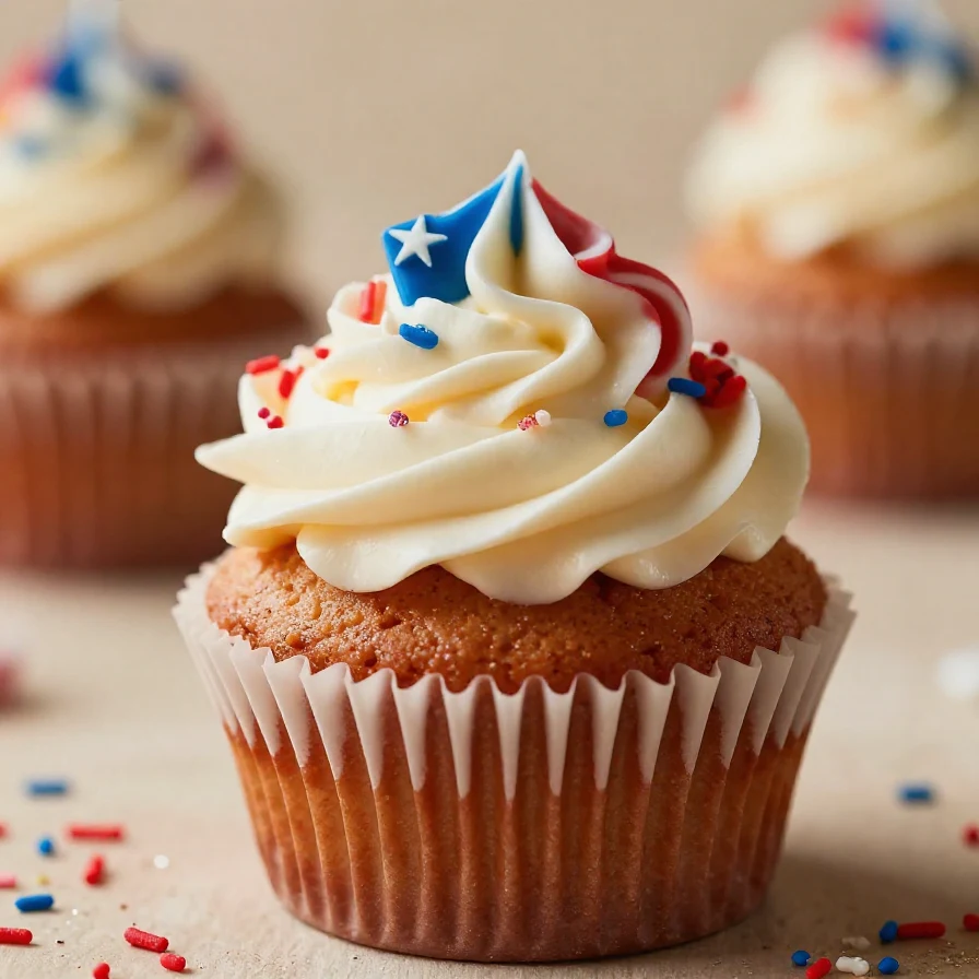 A colorful flag cupcake decorated with red, white, and blue frosting