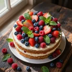 A slice of Summer Berry Poke Cake topped with fresh strawberries and blueberries on a white plate