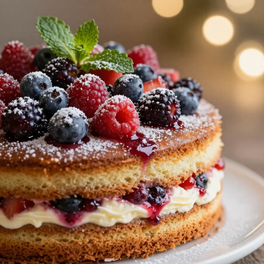 A slice of Summer Berry Poke Cake topped with fresh strawberries and blueberries on a white plate