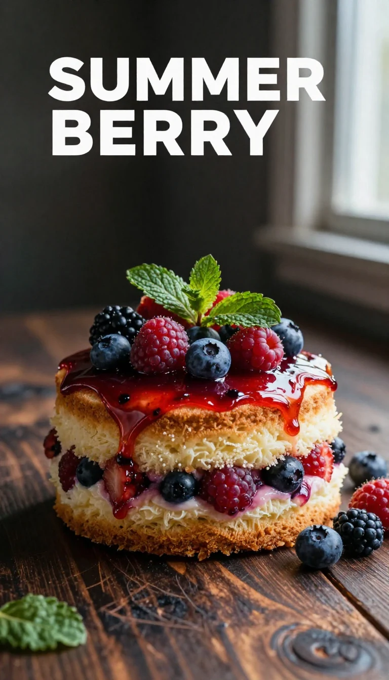 A slice of Summer Berry Poke Cake topped with fresh strawberries and blueberries on a white plate