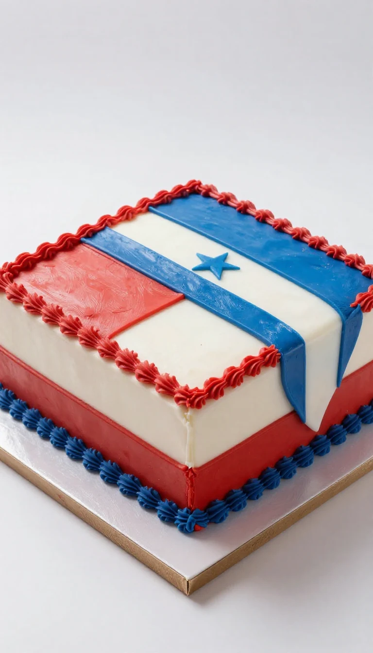 A beautifully decorated square flag cake featuring red, white, and blue icing with stars and stripes