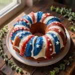 A beautifully decorated patriotic Bundt cake featuring red, white, and blue icing and sprinkles.
