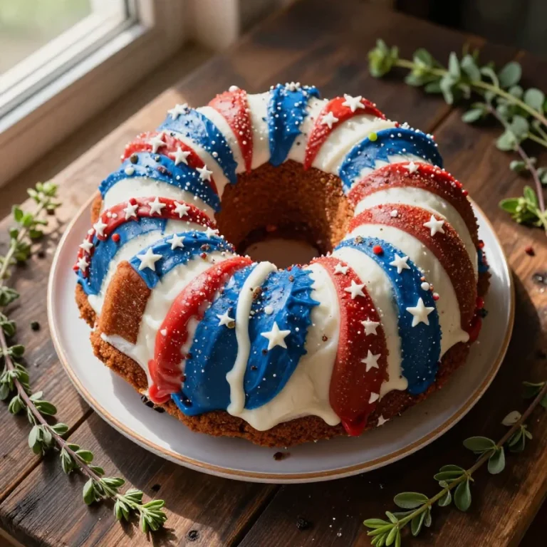 A beautifully decorated patriotic Bundt cake featuring red, white, and blue icing and sprinkles.