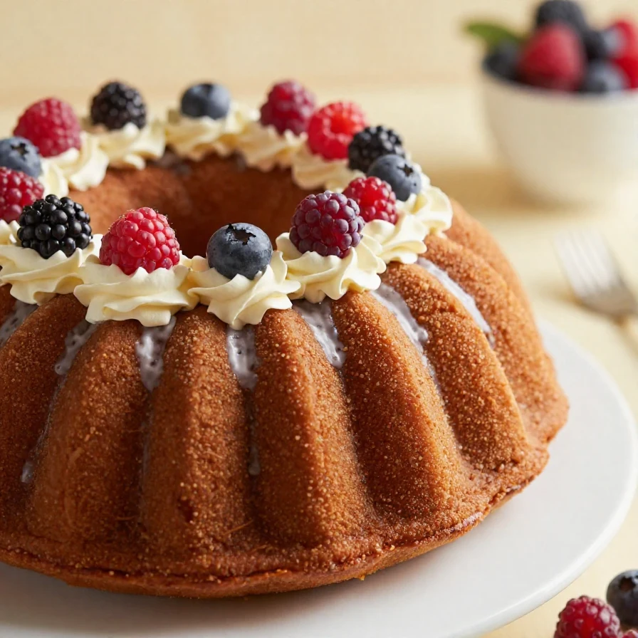 A beautifully decorated patriotic Bundt cake featuring red, white, and blue icing and sprinkles.