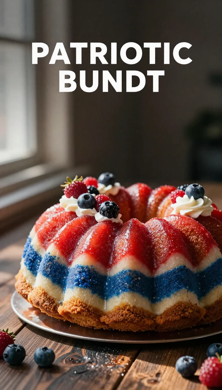 A beautifully decorated patriotic Bundt cake featuring red, white, and blue icing and sprinkles.