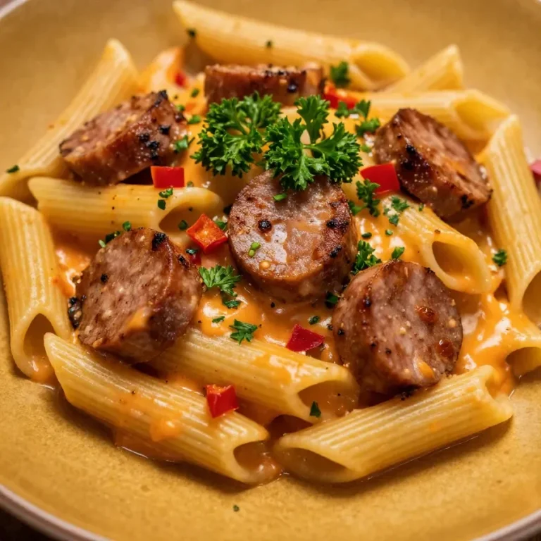 Un plat de pâtes crémeuses et épicées garni de tranches de saucisson cajun.