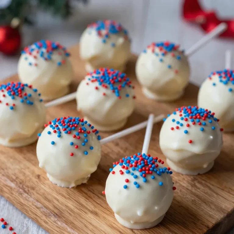 A platter of red, white, and blue cake pops decorated for a festive celebration