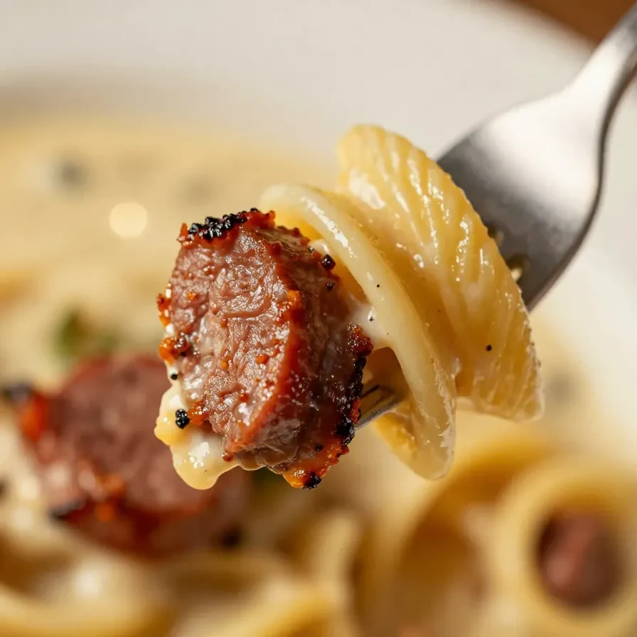 Un plat de pâtes crémeuses et épicées garni de tranches de saucisson cajun.