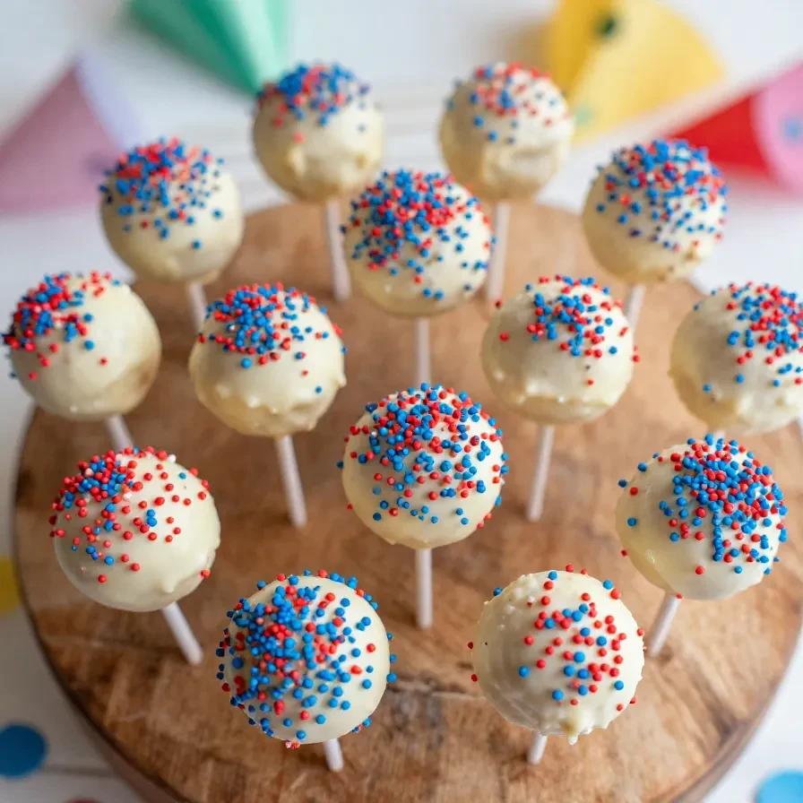 A platter of red, white, and blue cake pops decorated for a festive celebration