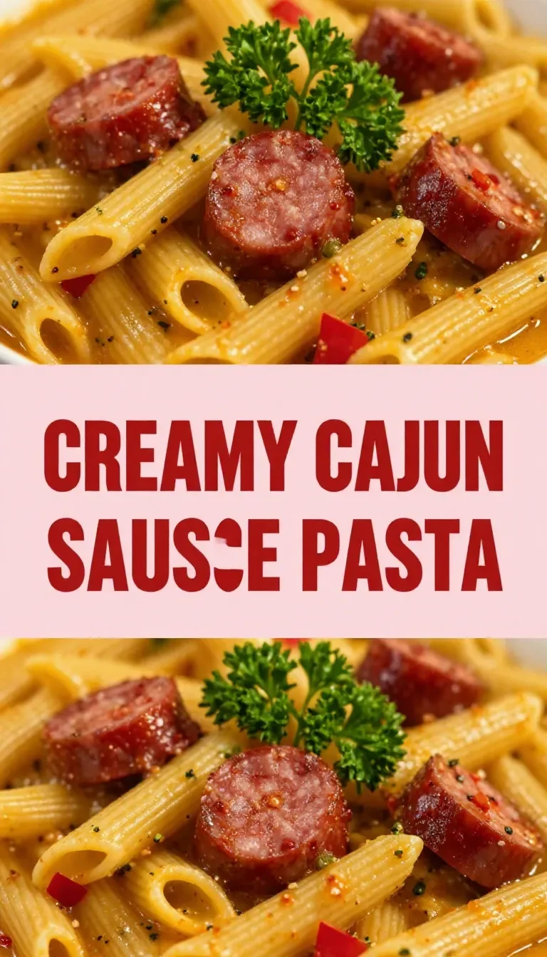 Un plat de pâtes crémeuses et épicées garni de tranches de saucisson cajun.