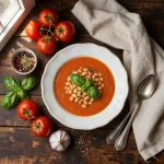 A bowl of Tuscan soup with white beans, kale, and vegetables served on a rustic wooden table.
