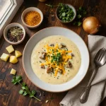A bowl of cheesy hamburger potato soup served with a garnish of parsley.